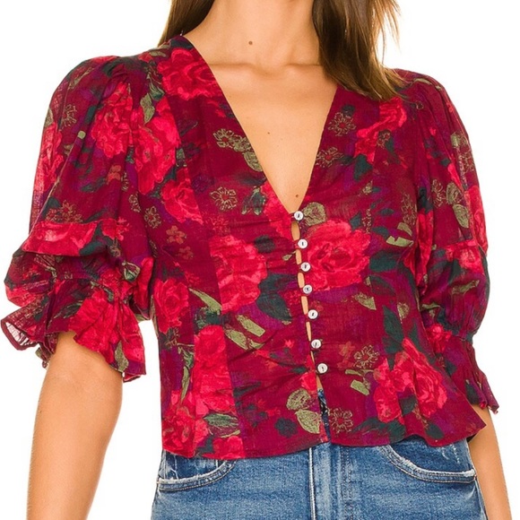 Free People ‘I Found You’ Top Size X-Small, Floral, Pouf Sleeve Button Down - Picture 2 of 9
